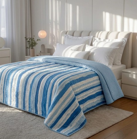 Dormitorio moderno y cálido con blanquería Casa Alissa celeste y blanco a rayas